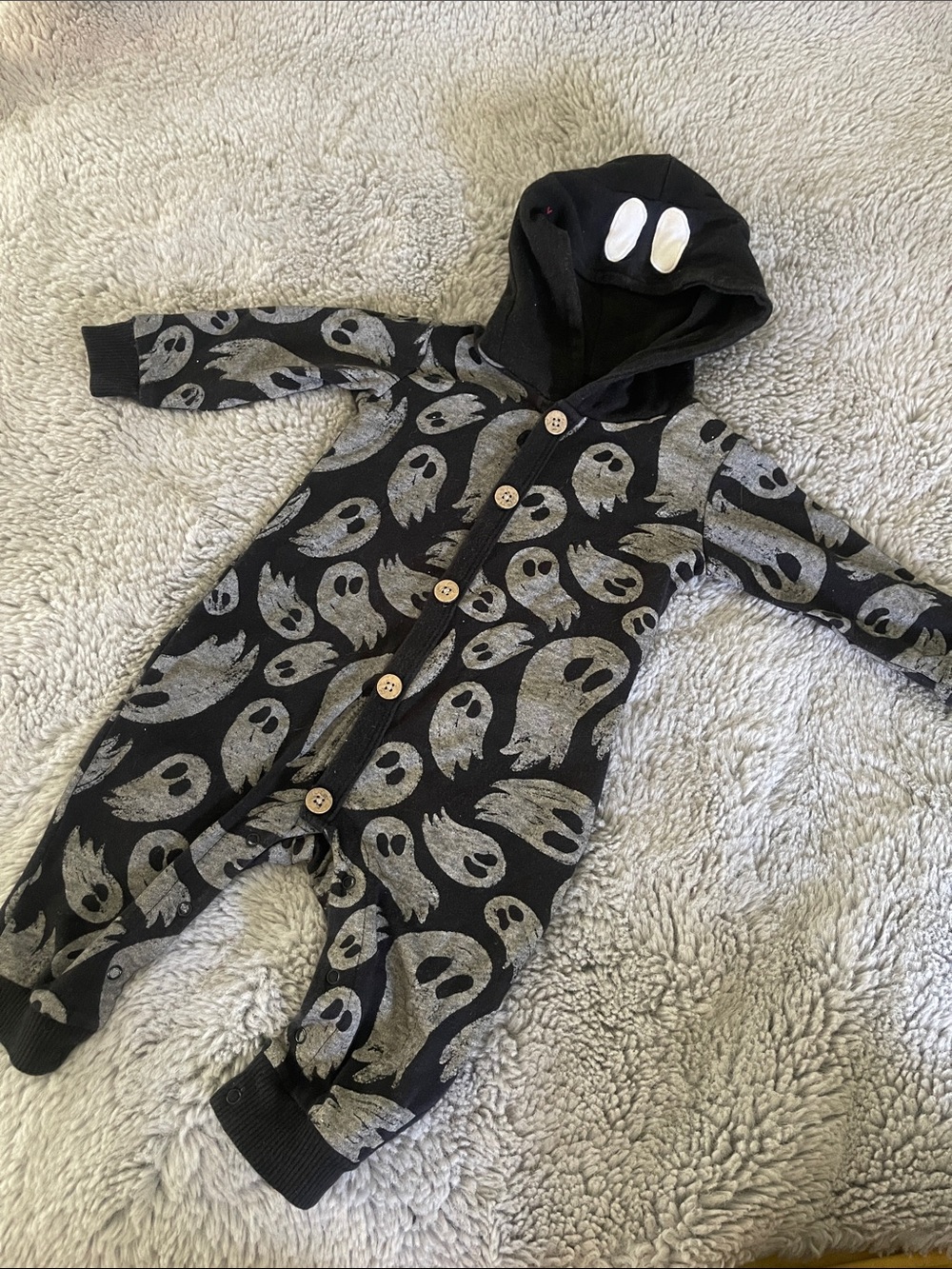 Wonder Nation Ghost Print Kids One-Piece Hooded Romper Halloween Costume Sz 12M